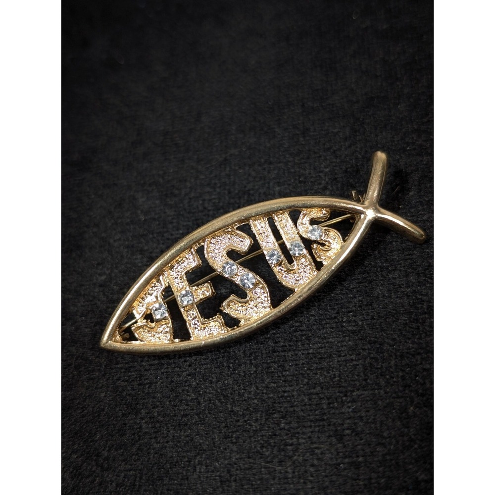 Vintage Gold Tone Jesus Fish Brooch | Rhinestone Accent Christian Ichthys Pin